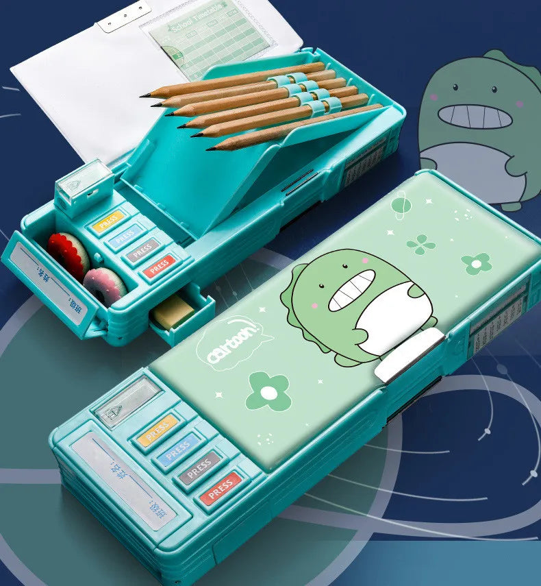 Mechanisches, verformbares, niedliches Federmäppchen mit Stifteinsatz, multifunktionaler Schlüsselschalter, Cartoon-Aufbewahrungsbox für Schule und Schreibwaren aus Kunststoff.