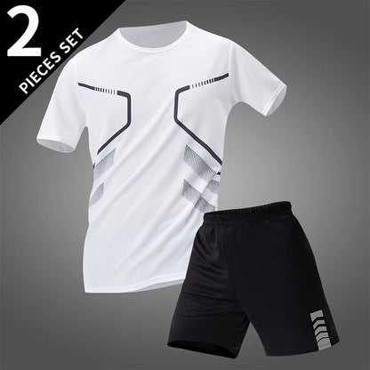2-pcs Men's Quick-drying Exercise Black-and-white Suit Running Fitness Breathable Short Sleeve Comfortable Joker Playing Shorts