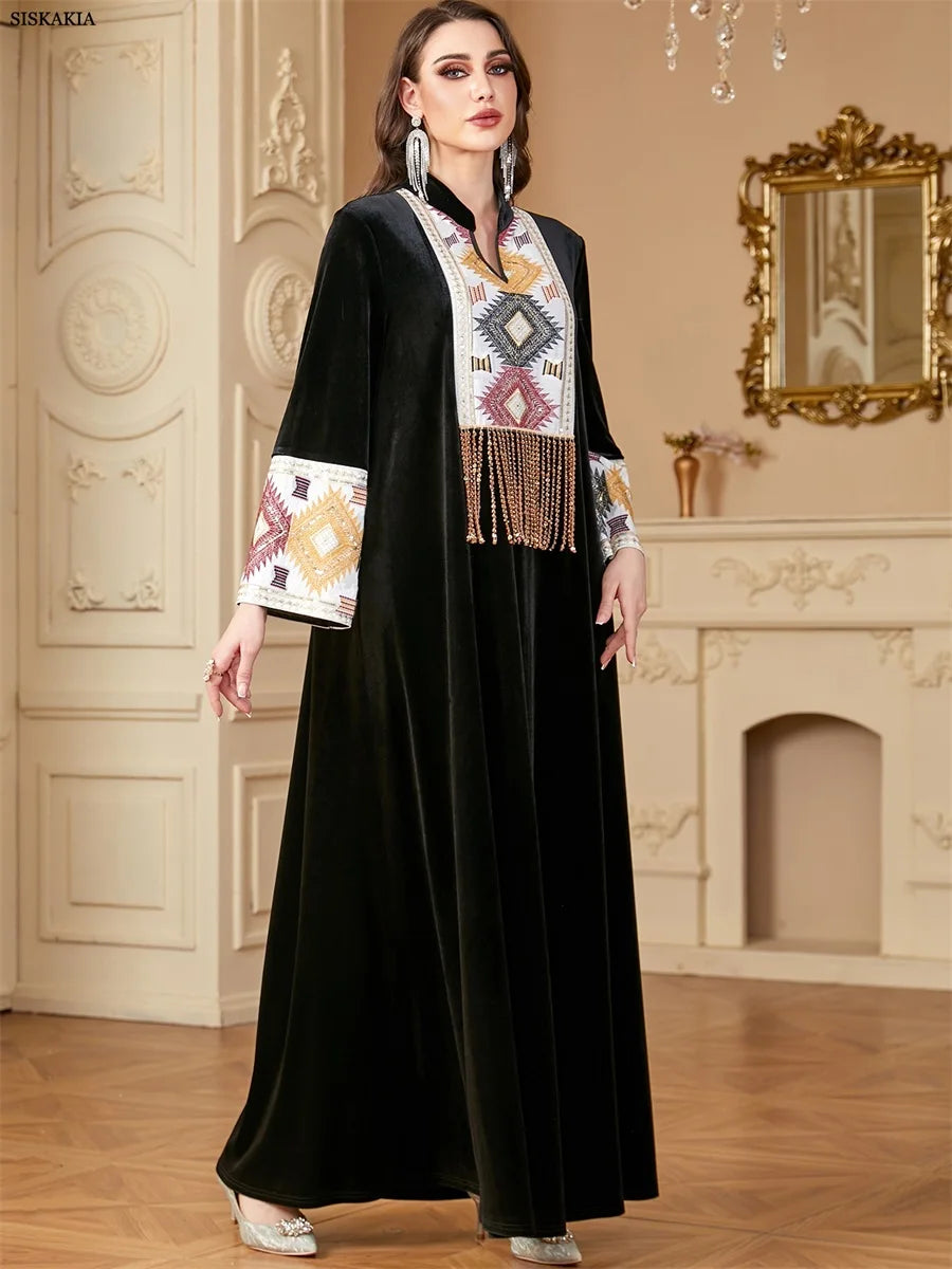 Siskakia Ramadan Muslim Notched Stand Collar Tassel Long Dresses For Women  Loose Elegant Kebaya Patchwork Sleeve Abayas.