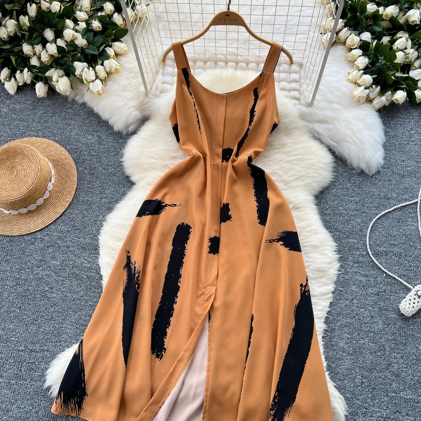 Neue Sommer Druck Süße Kleid Träger O Neck Backless Split Elegante Damen Urlaub Strand Party Midi Sommerkleid.