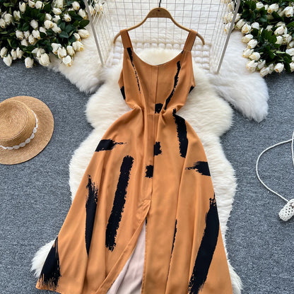 Neue Sommer Druck Süße Kleid Träger O Neck Backless Split Elegante Damen Urlaub Strand Party Midi Sommerkleid.