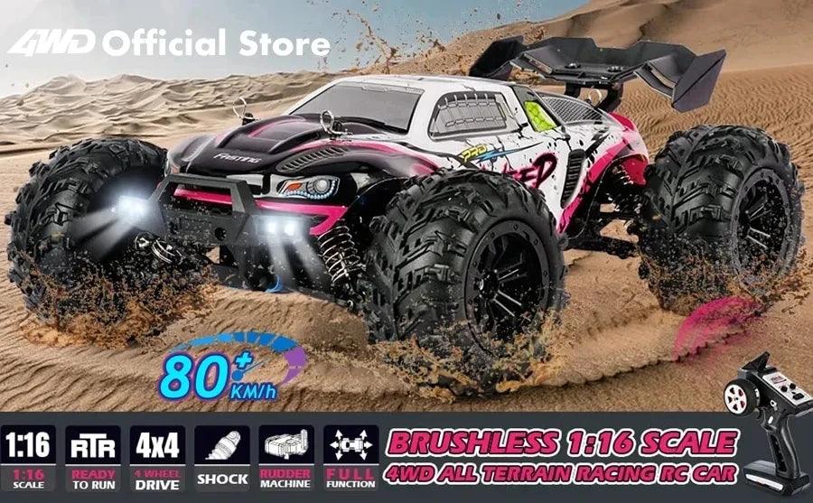 1:16 80km/h Brushless RC Drift Car With LED Lights 4WD Electric High Speed Racing Remote Control Monster Truck for Kids Adults.