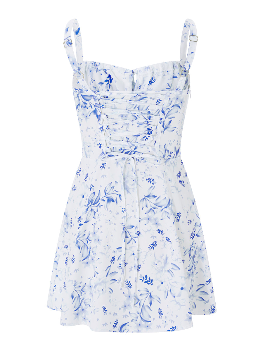 Combhasaki Damen-Kleid, elegant, Blumendruck, tief ausgeschnitten, zum Binden, ärmellos, Cami, figurbetont, Korsett, kurzes Kleid, Sommer, rückenfrei, Party, Clubwear.