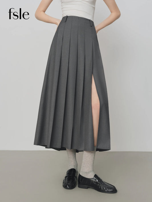 FSLE College Style Gray Retro Pleated Skirt For Women Autumn 2025 New Arrival Commuter Officelady Chic Long Skirt 25FS13198.