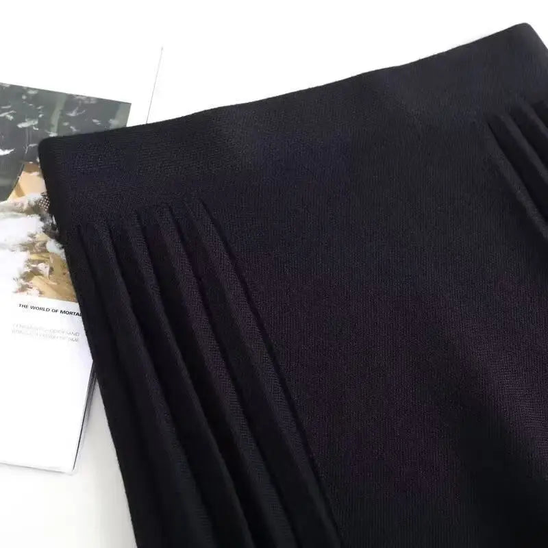 FairyShely Pleated Knitted Skirt For Women 2025 Autumn Winter Warm High Waist Long Skirts Ladies Plus Size Black A-line Skirt.