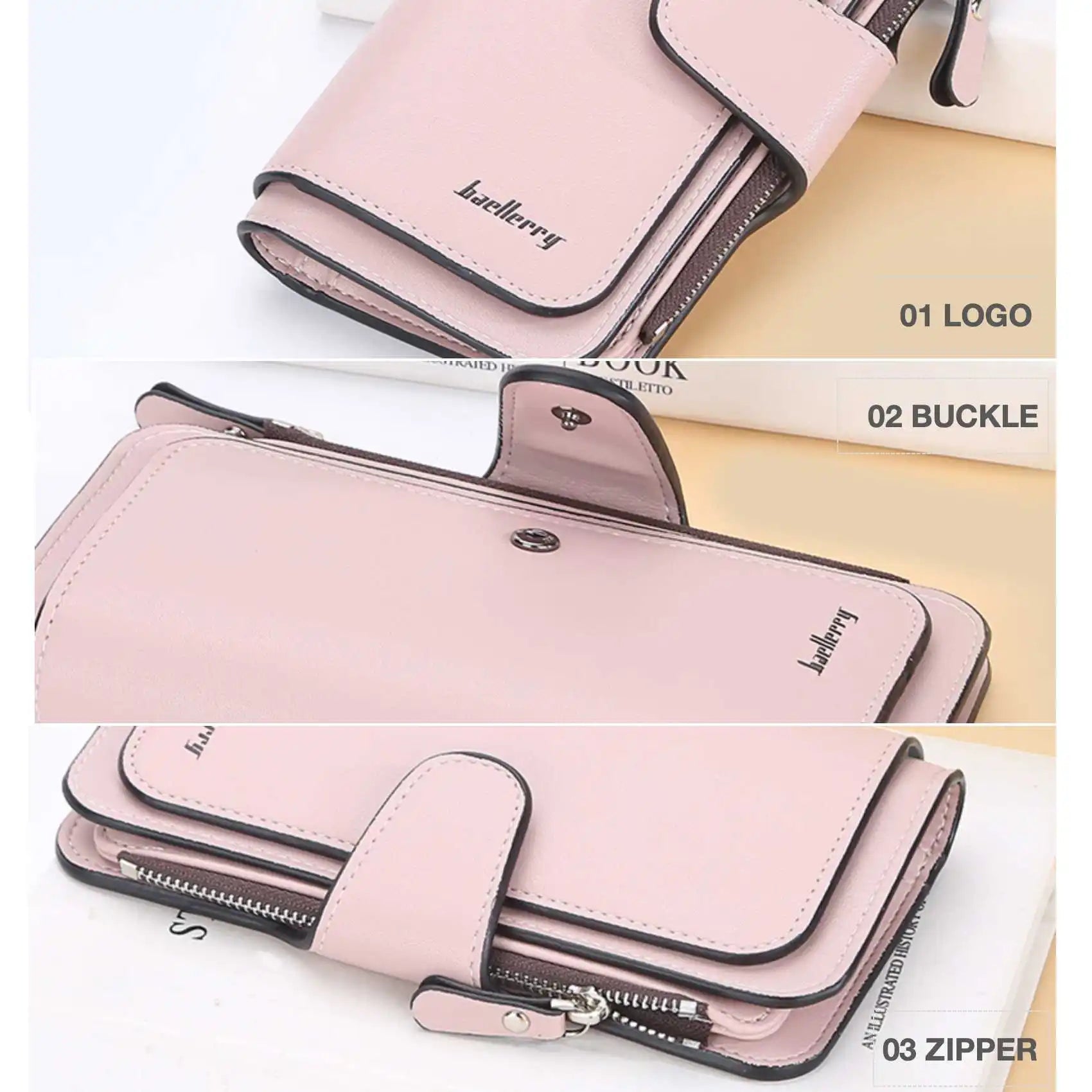Large Capacity Women's Long Leather Wallet Zipper Buckle Multi-Card Triple Fold Coin Purse Clutch Bag Card Holder.