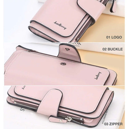 Large Capacity Women's Long Leather Wallet Zipper Buckle Multi-Card Triple Fold Coin Purse Clutch Bag Card Holder.