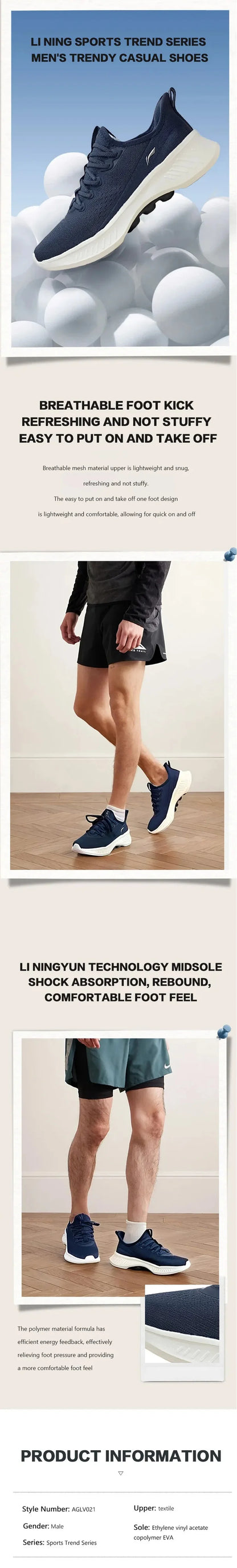 LI-NING SOFT ESSENTIAL V2 men Casual Walking Shoes Cushion Slip-on Comfortable Sports Sneakers shoes AGLV021.