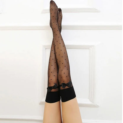 Japanese Style Thigh High Stockings Long Socks Women Cute Sweet Girls Lolita Bow Over Knee Socks Polka Dot Summer Nylon Stocking.