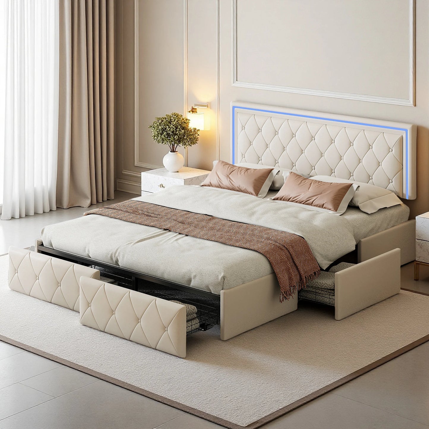 Rosahqnda Modernes Kunstlederbett mit Schubladen, stilvolles Doppelbett aus Kunstleder mit Stauraum, ohne Matratze