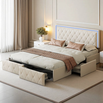 Rosahqnda Modernes Kunstlederbett mit Schubladen, stilvolles Doppelbett aus Kunstleder mit Stauraum, ohne Matratze