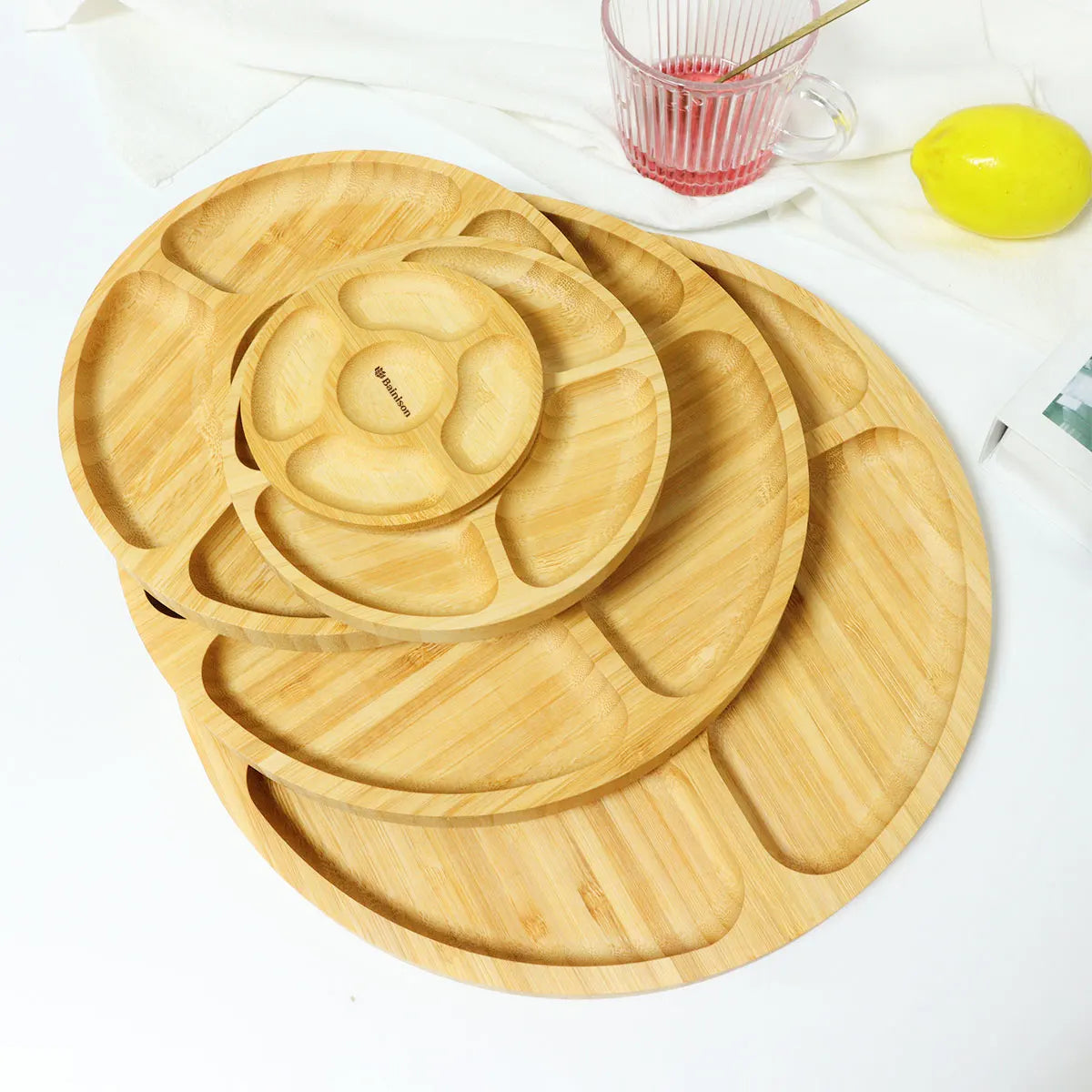 Bainison Bamboo Tray With Compartments-Snack Sorting Platter, Party Candy Buffet Display,Household Kitchen Outdoor Bamboo Tray.