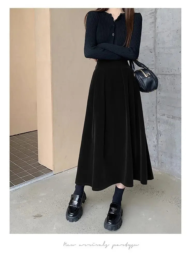 Autumn Winter Warm Vintage Red Elegant Velvet A-line Skirt For Women 2024 High Waist Casual Black Party Pleated Big Swing Skirts