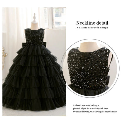 Mode Pailletten Mädchen Prinzessin Kleid Geburtstag Party Mädchen Layered Schwarz Hochzeit Kleid Für Kinder Elegante Klavier Leistung Kleid.
