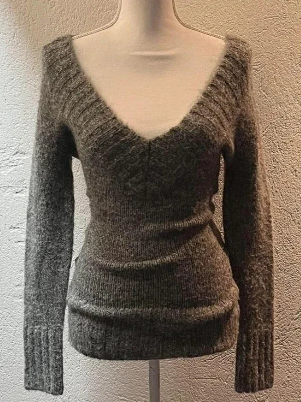 Deeptown Sexy Gestrickte Pullover Frauen V-ausschnitt Vintage Frühen Y2k Grunge Pullover Mujer Herbst Mode Langarm Pullover Schlank.