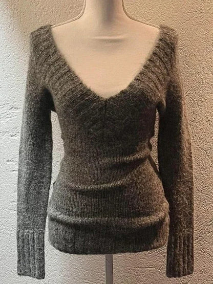 Deeptown Sexy Gestrickte Pullover Frauen V-ausschnitt Vintage Frühen Y2k Grunge Pullover Mujer Herbst Mode Langarm Pullover Schlank.