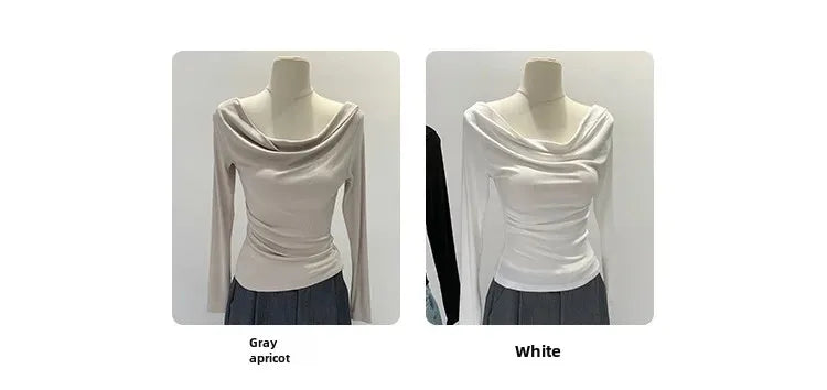 Off-The-Shoulder Long Sleeve T-Shirt Women's Early Autumn New Slimming Design Korean Style Sweet And Spicy Fashion Tops.