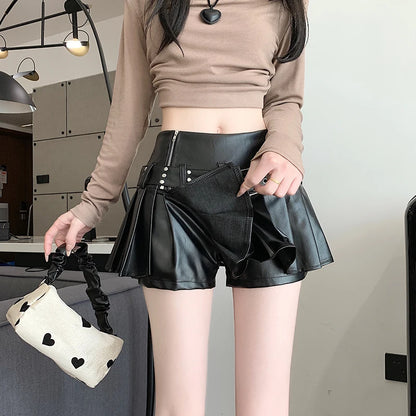 Women's Black Gothic A-line Pleated Leather Skirt Y2k Mini Shorts Skirts Harajuku Korean Emo Skirt 2000s Vintage Clothes Summer.