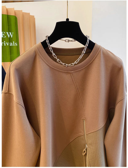 Autumn and Winter Women's Pullover Round Neck Hoodie Lazy Style Splicing Design Loose Long Sleeve Tops.