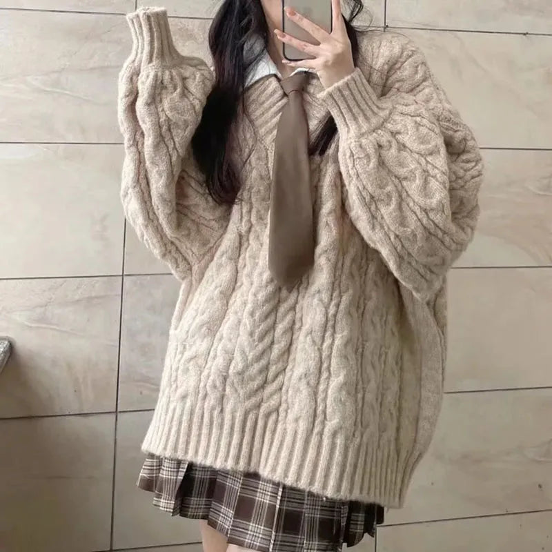 Herbst Winter Frauen Pullover Harajuku Übergroßen Gestrickte Pullover Koreanische Langarm V-ausschnitt Strickwaren Preppy Solide Lose Jumper.