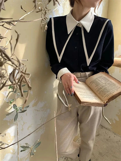 MEXZT Vintage Chiffon Shirts Women Elegant Patchwork Long Sleeve Blouses Office Lady Korean Black Turn Down Collar Casual Tops.