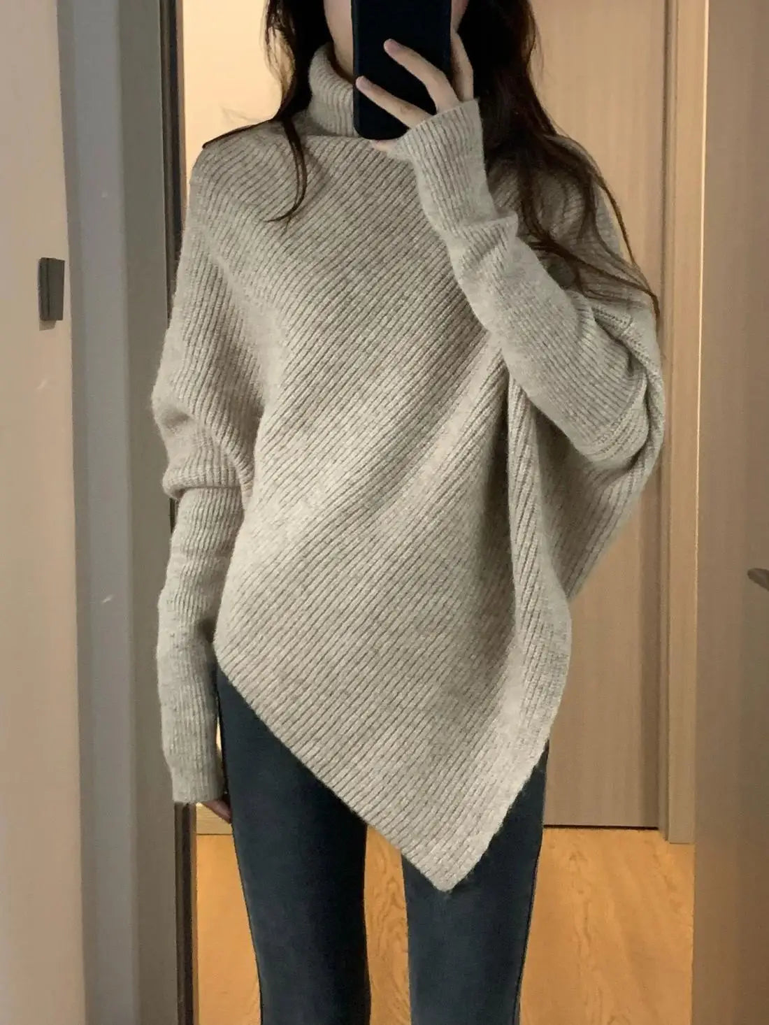 Herbst Winter Neue Frauen Pullover Koreanische Mode Chic Casual Rollkragen Solide Asymmetr Lose Batwing Hülse Pullover Gestrickte Tops.