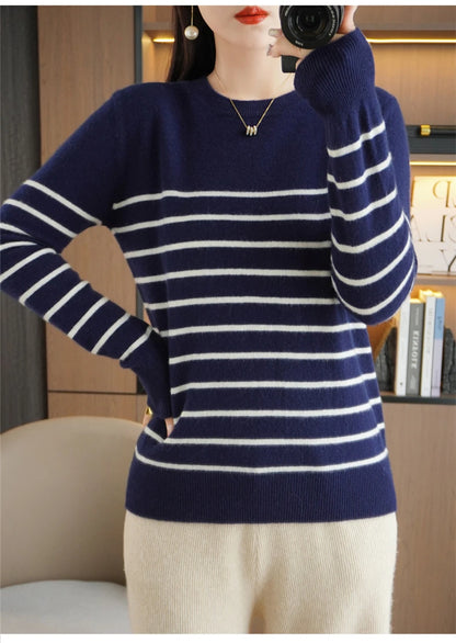Herbst Winter neue Frauen O-Ausschnitt Farbe Streifen Pullover Wolle Mischung Mode weichen warmen Pullover Kaschmir lose lässig Strick Base Top