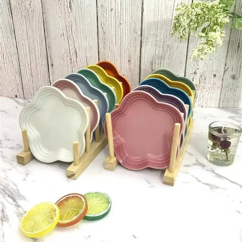 Plum French Home Ceramic Underglaze Colored Small Plum Blossom Plate Handmade Flower Shaped Side Dish Decorative Dessert Tray.