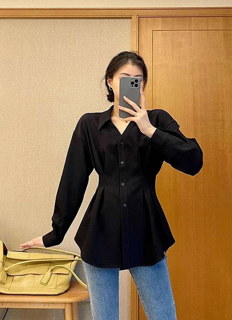 Waist Cinched Slimming Long Sleeve Shirts Women Spring Autumn All-Match Single Breasted Chic Shirt New Temperament Solid Tops.