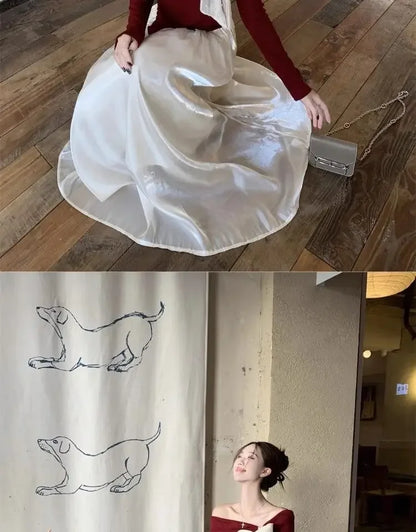 Red One-Shoulder Long-Sleeve Knitted Sweater Women's Spring New Year Slim Fit Short Top Butterfly Knot Decorated Cotton T-shirt.