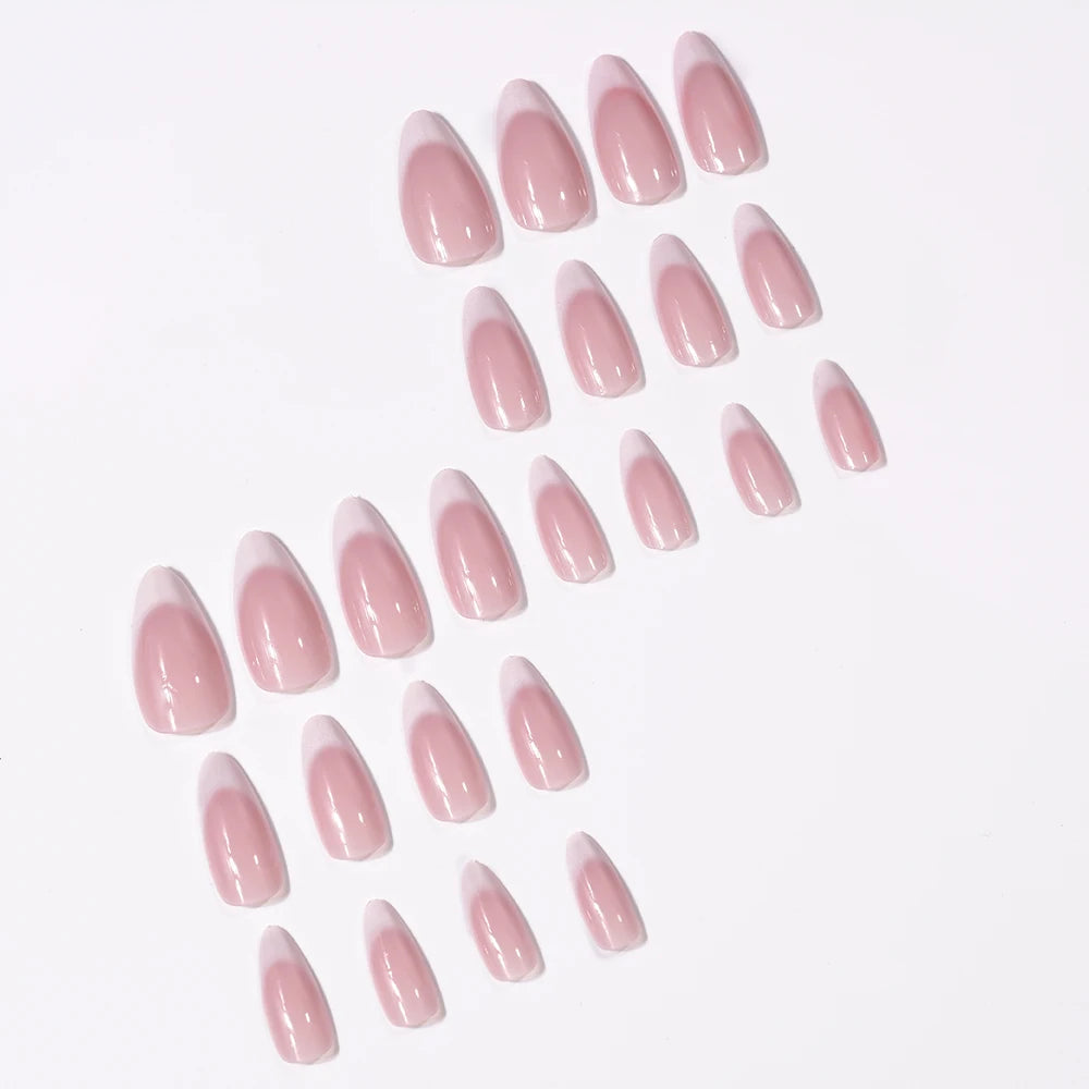 24pcs(+Tools) Pearl Bow Nude Pink Press On Nails White French Fingertips Almond Full Cover Fasle Nails New Year Nail Accessories.