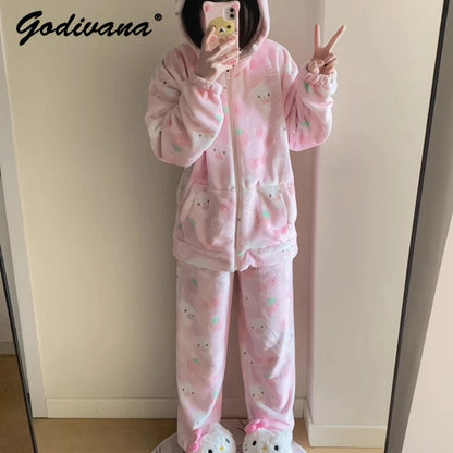 Japanese New Winter Sweet Cute Cartoon Rabbit Flannel Pajamas Set Daughter Girls Pink Thickened Loungewear Women's Sleepwear.