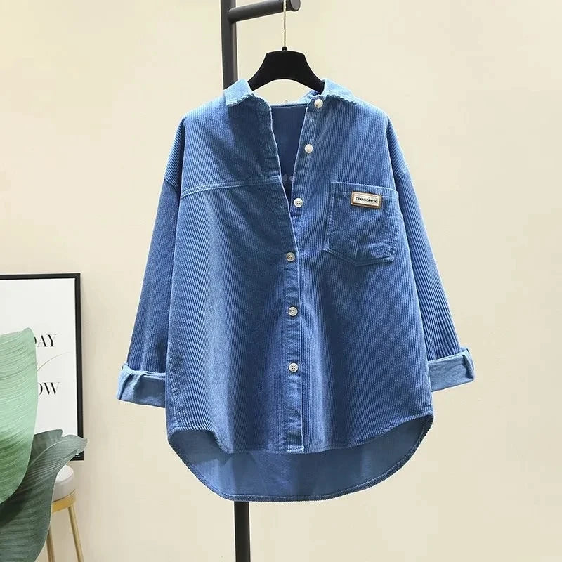 2023 frühling Herbst Cord Langarm-shirt für Frauen Koreanische Ausgabe Casual Mode Medium länge Shirts Weibliche Outwear Tops.