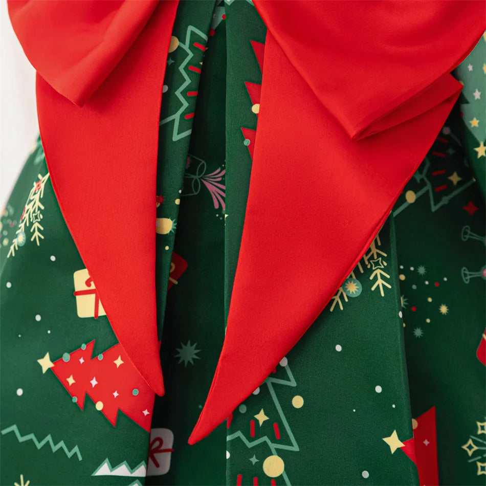 Kleinkind Santa Claus Cartoon Gedruckt Bogen Prinzessin Kleid Infant Weihnachten Thema Party Ballkleid Neugeborenen Nette Charme Kostüme.