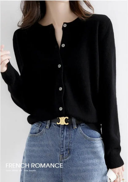 Women Knitted Cardigans Autumn Winter 2025 Round Neck Casual Long Sleeve Tops Solid Basic Soft Sweaters Female.