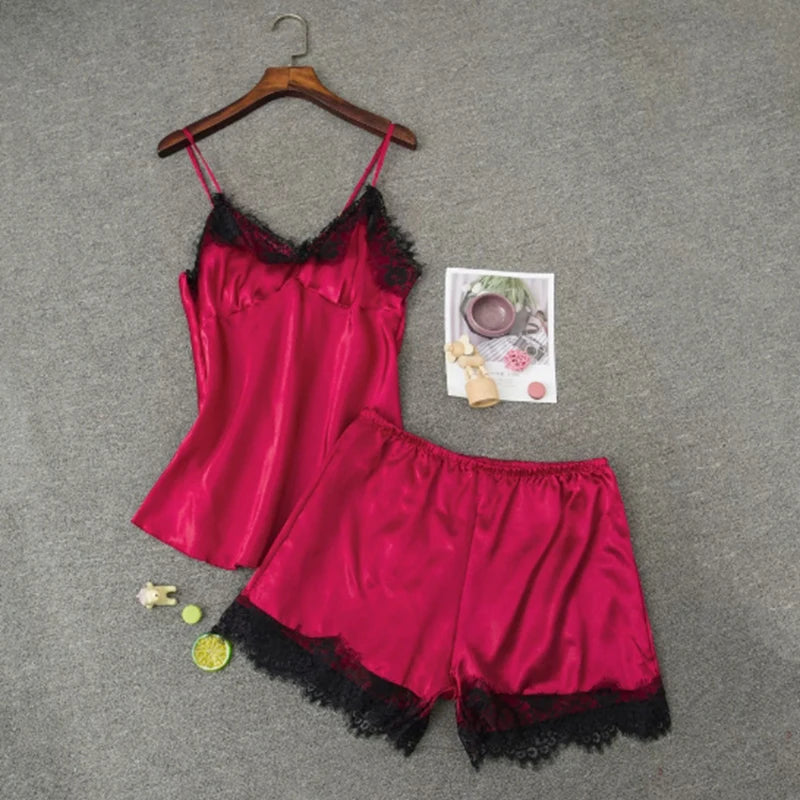 Frauen Pyjama Anzug Mode V-ausschnitt Stretch Satin Babydoll Spitze Sexy Dessous Bowknot Pyjamas Schlaf Shorts Set Nachtwäsche Neue.