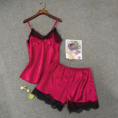 Frauen Pyjama Anzug Mode V-ausschnitt Stretch Satin Babydoll Spitze Sexy Dessous Bowknot Pyjamas Schlaf Shorts Set Nachtwäsche Neue.