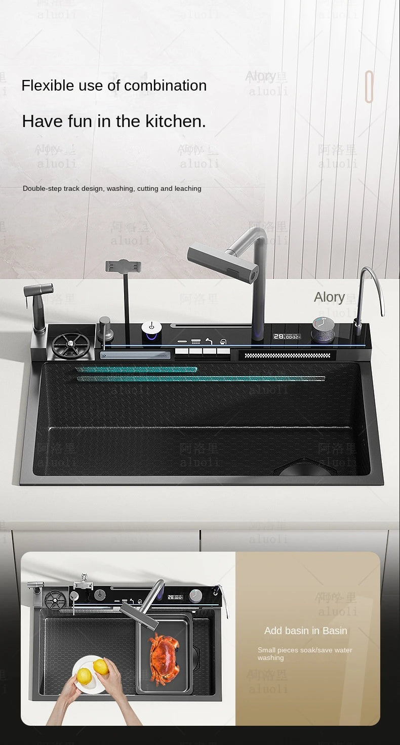 Kitchen 304 Stainless Steel Waterfall Sink, Large Single Slot, Digital Display Embossed Washing Basin Household Dishwashing Sink