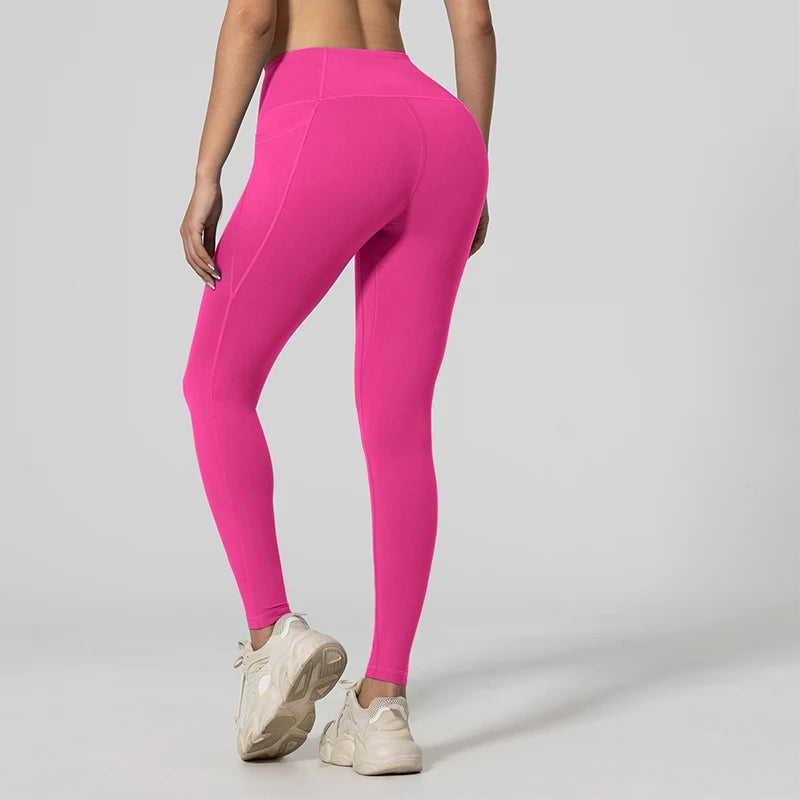 Nahtlose Damen-Leggings mit Taschen, einfarbig, hohe Taille, Po-Lifting-Strumpfhose, schlanke elastische Leggings, Sportbekleidung.