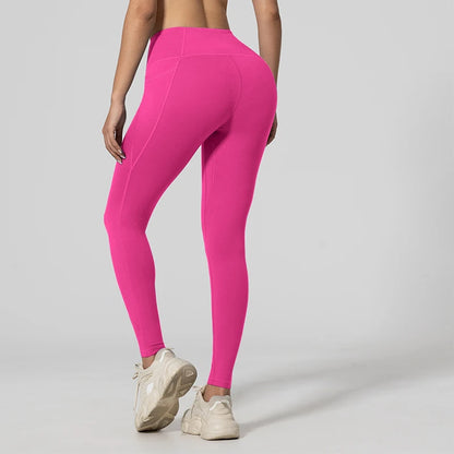 Nahtlose Damen-Leggings mit Taschen, einfarbig, hohe Taille, Po-Lifting-Strumpfhose, schlanke elastische Leggings, Sportbekleidung.