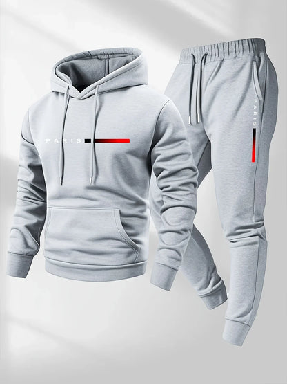 Men's Fleece Warm Hoodies Sets PARIS Printing Tracksuit Autumn Winter Casual Hooded Sweatshirt Drawstring Pants Running Suit.