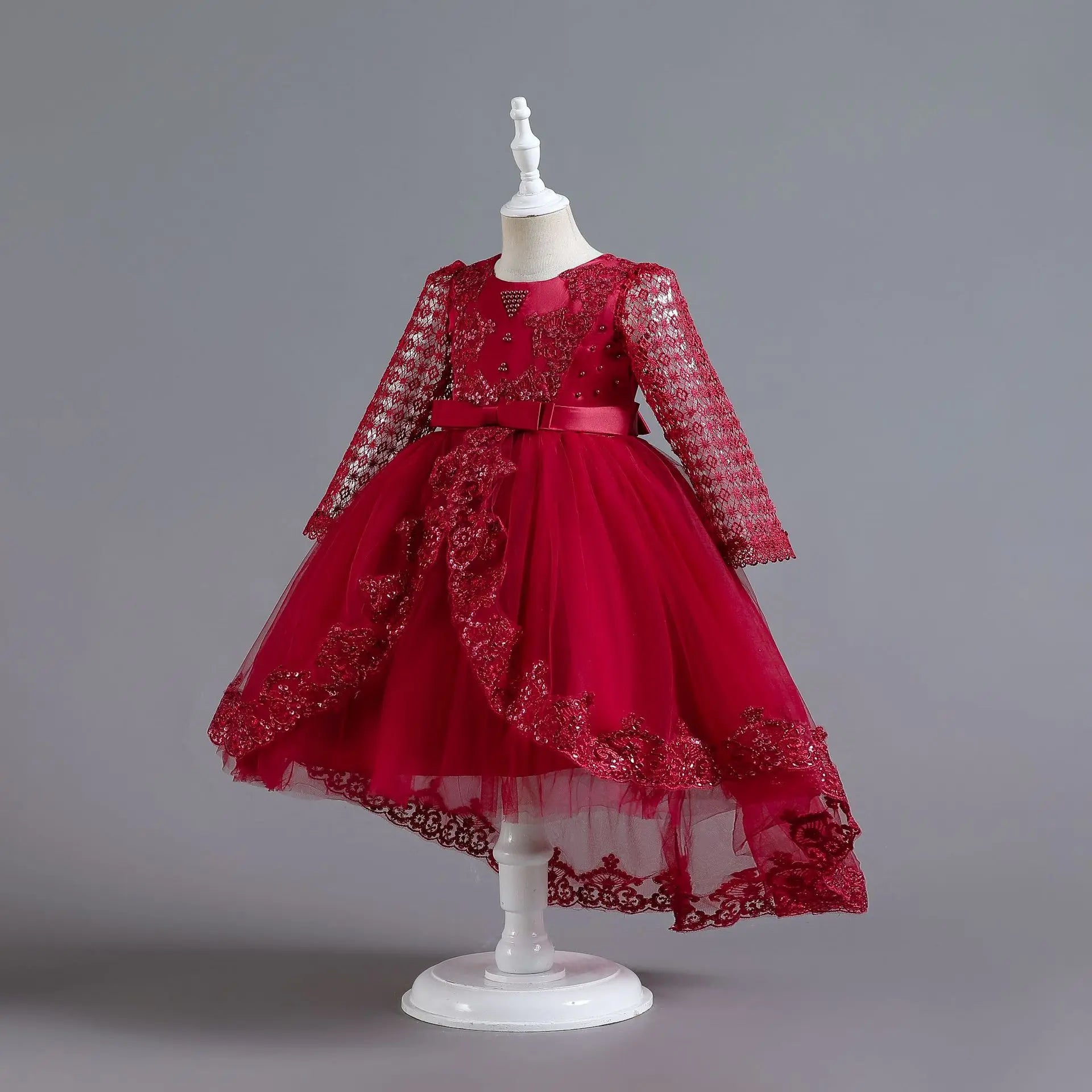 Party-Tüll-Kleider für Mädchen, langärmelig, Spitze, Perlen, nachgestelltes Prinzessinnenkleid für Kinder, Hochzeit, Geburtstag, Performance, Abendkleid.