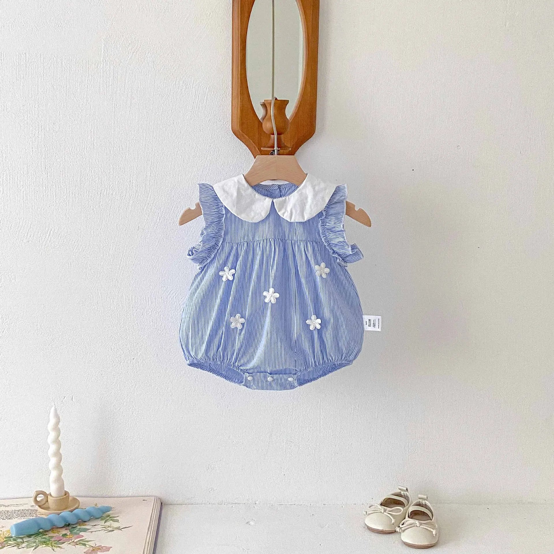 Babykleidung 2025, Sommer-Baby-Body für Mädchen, Baumwolle, ärmellos, für Kleinkinder, blau, weiß, gestreift, Einteiler, süßes Kleinkind-Einteiler.