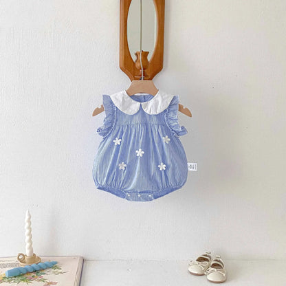 Babykleidung 2025, Sommer-Baby-Body für Mädchen, Baumwolle, ärmellos, für Kleinkinder, blau, weiß, gestreift, Einteiler, süßes Kleinkind-Einteiler.