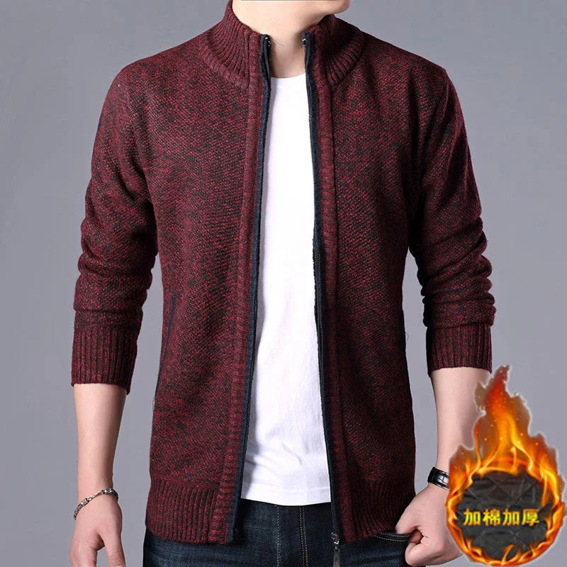New Men's Casual High Collar Long Sleeve Knitted Top with Velvet Warmth for Autumn and Winter Fashion Multi Functional Jacket.