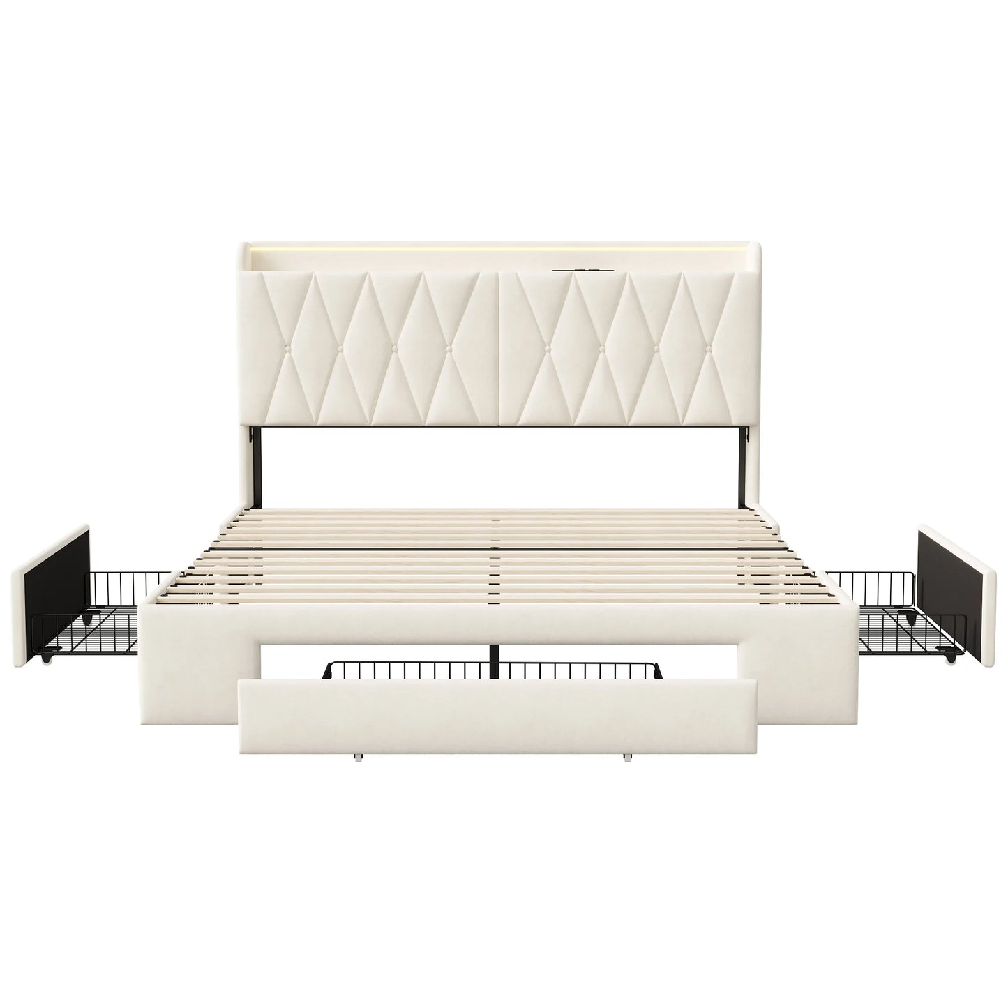 Lazyspace 140 x 200 cm großes Doppelbett mit Kopfteil, gepolstertes Bett mit 3 Schubladen, LED-Beleuchtung, USB Typ C, Samt, Beige, keine Matratze