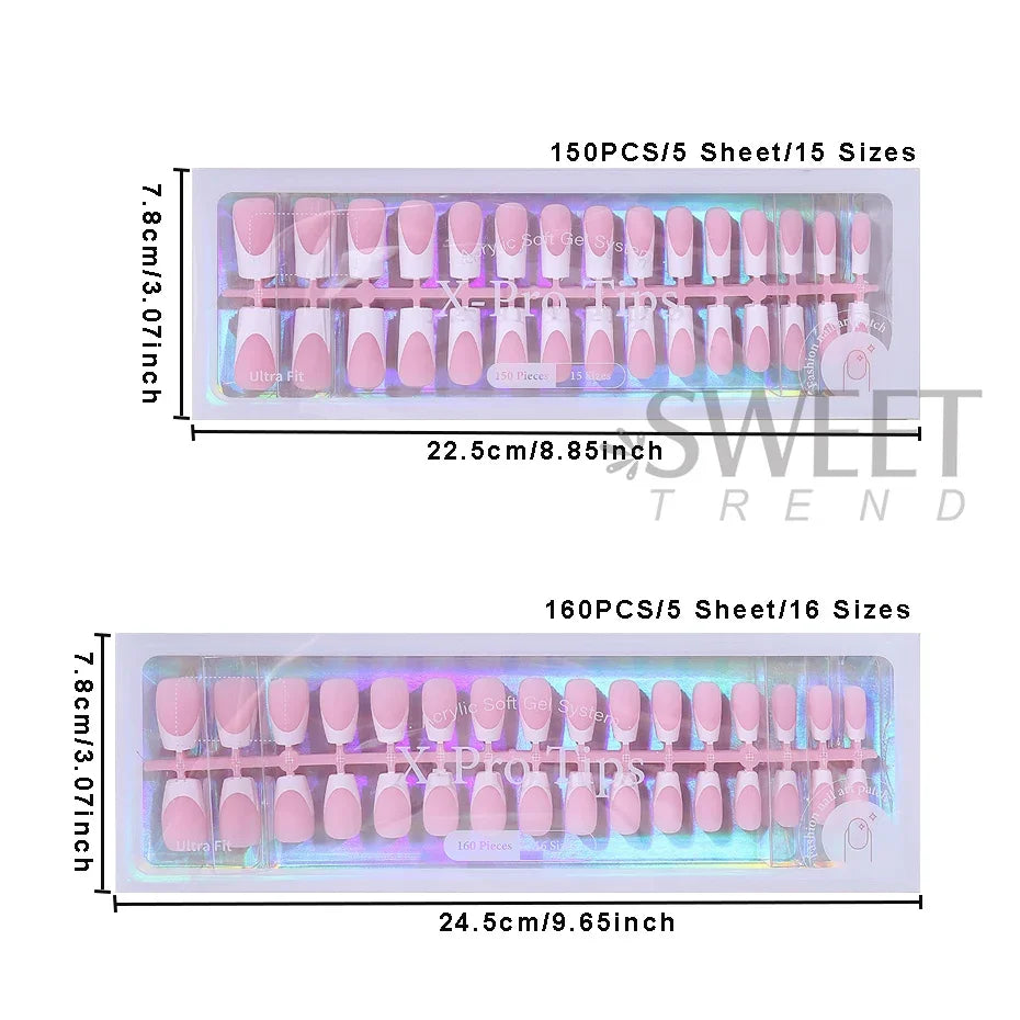 160pcs White Pink French Fake Press on Fake Nails Tips Short Square Full Cover Artificial Acrylic Fake Toenails For Nail Salons.