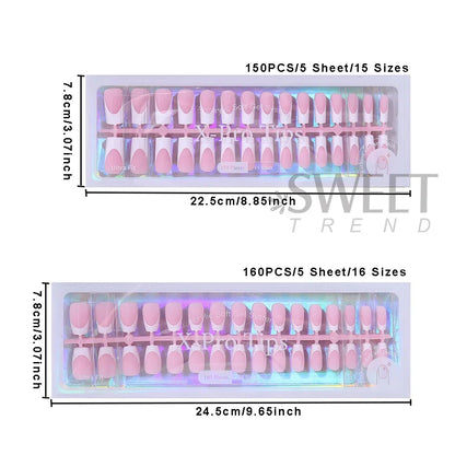 160pcs White Pink French Fake Press on Fake Nails Tips Short Square Full Cover Artificial Acrylic Fake Toenails For Nail Salons.