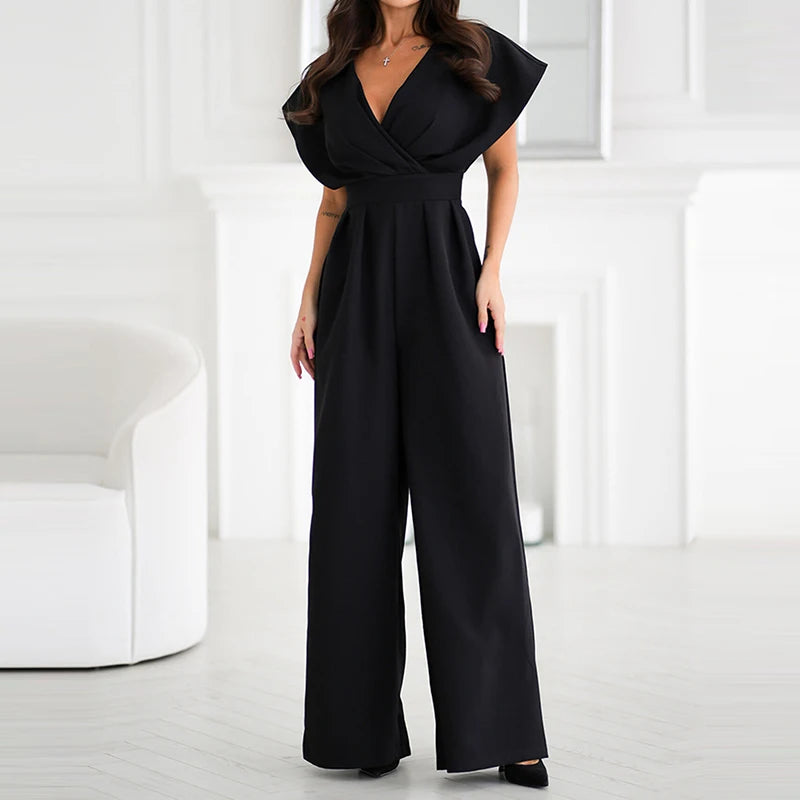 Elegant Women Solid Color Slim Playsuits Overalls Office Lady Simple Commuting Rompers Temperament High Waist Wide Leg Jumpsuits.
