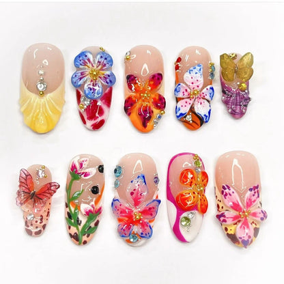 24Pcs Pink Almond False Nails Butterfly Ballet with French Design Wearable Fake Nails Simple Artificial Press on Nails Tips Art.